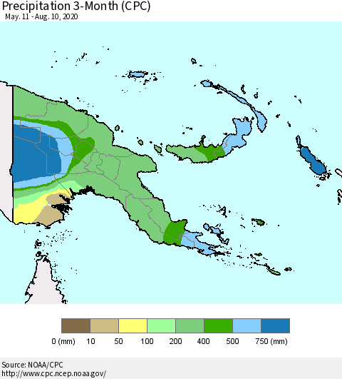 Papua New Guinea Precipitation 3-Month (CPC) Thematic Map For 5/11/2020 - 8/10/2020