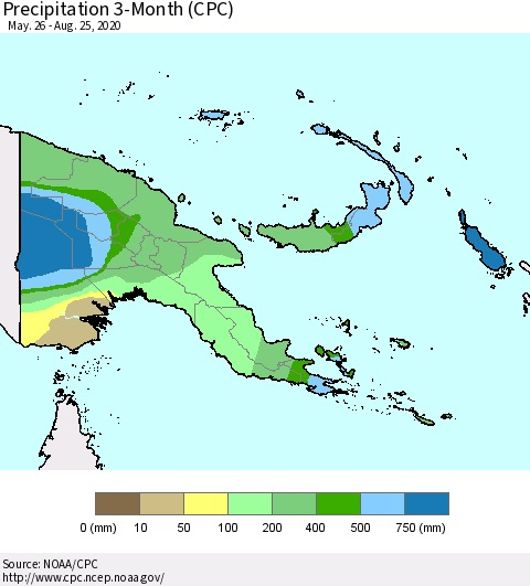 Papua New Guinea Precipitation 3-Month (CPC) Thematic Map For 5/26/2020 - 8/25/2020