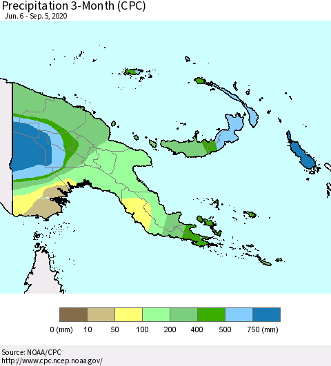 Papua New Guinea Precipitation 3-Month (CPC) Thematic Map For 6/6/2020 - 9/5/2020