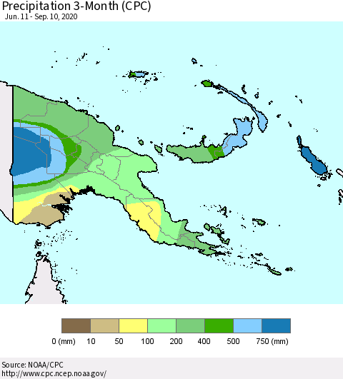 Papua New Guinea Precipitation 3-Month (CPC) Thematic Map For 6/11/2020 - 9/10/2020
