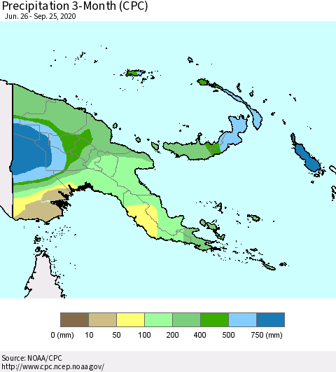 Papua New Guinea Precipitation 3-Month (CPC) Thematic Map For 6/26/2020 - 9/25/2020