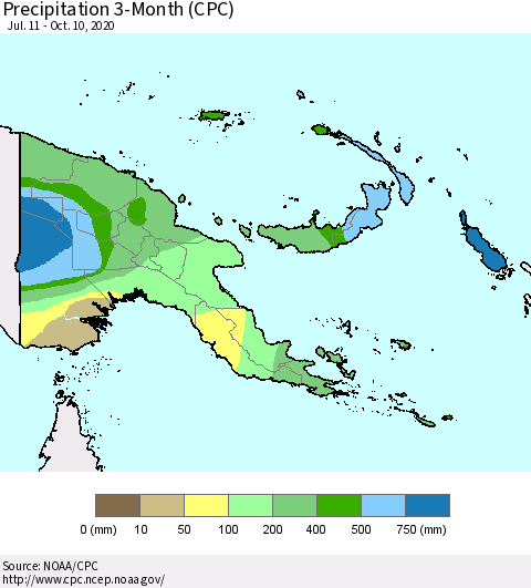 Papua New Guinea Precipitation 3-Month (CPC) Thematic Map For 7/11/2020 - 10/10/2020