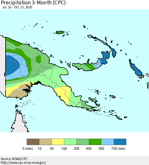 Papua New Guinea Precipitation 3-Month (CPC) Thematic Map For 7/16/2020 - 10/15/2020