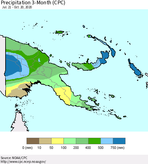 Papua New Guinea Precipitation 3-Month (CPC) Thematic Map For 7/21/2020 - 10/20/2020