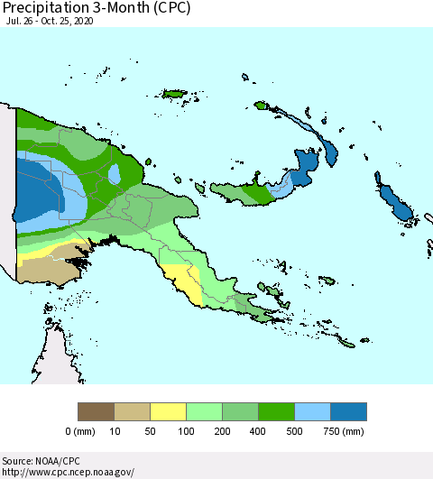 Papua New Guinea Precipitation 3-Month (CPC) Thematic Map For 7/26/2020 - 10/25/2020