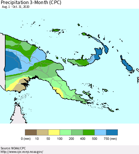 Papua New Guinea Precipitation 3-Month (CPC) Thematic Map For 8/1/2020 - 10/31/2020