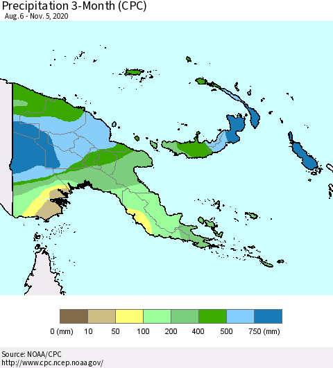 Papua New Guinea Precipitation 3-Month (CPC) Thematic Map For 8/6/2020 - 11/5/2020