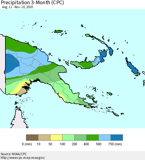 Papua New Guinea Precipitation 3-Month (CPC) Thematic Map For 8/11/2020 - 11/10/2020