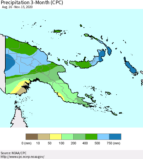 Papua New Guinea Precipitation 3-Month (CPC) Thematic Map For 8/16/2020 - 11/15/2020