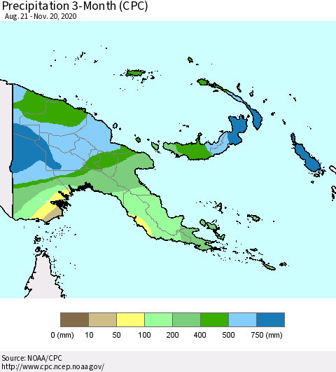 Papua New Guinea Precipitation 3-Month (CPC) Thematic Map For 8/21/2020 - 11/20/2020