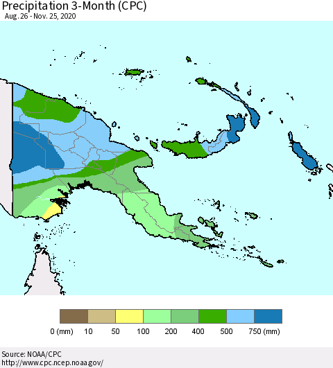 Papua New Guinea Precipitation 3-Month (CPC) Thematic Map For 8/26/2020 - 11/25/2020