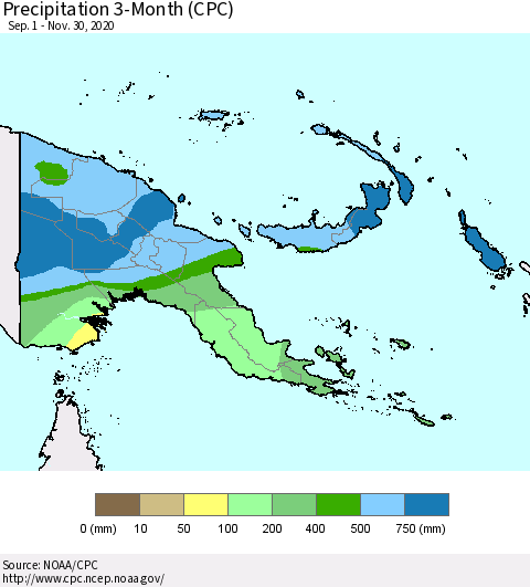 Papua New Guinea Precipitation 3-Month (CPC) Thematic Map For 9/1/2020 - 11/30/2020