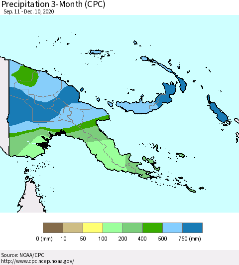 Papua New Guinea Precipitation 3-Month (CPC) Thematic Map For 9/11/2020 - 12/10/2020