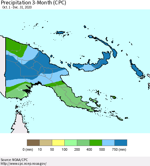 Papua New Guinea Precipitation 3-Month (CPC) Thematic Map For 10/1/2020 - 12/31/2020