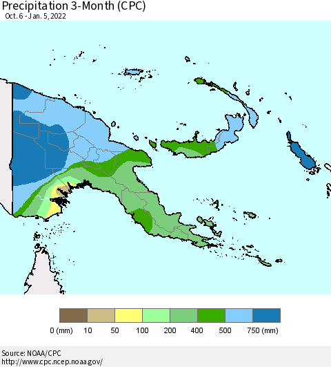 Papua New Guinea Precipitation 3-Month (CPC) Thematic Map For 10/6/2021 - 1/5/2022