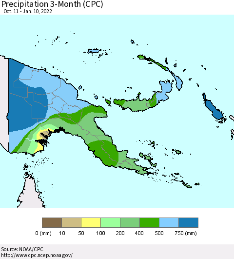 Papua New Guinea Precipitation 3-Month (CPC) Thematic Map For 10/11/2021 - 1/10/2022
