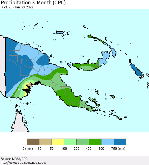 Papua New Guinea Precipitation 3-Month (CPC) Thematic Map For 10/21/2021 - 1/20/2022
