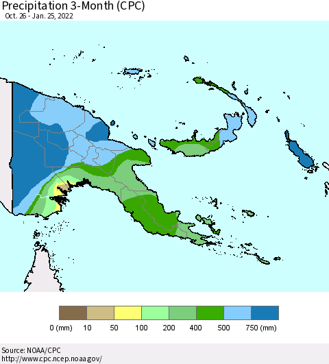 Papua New Guinea Precipitation 3-Month (CPC) Thematic Map For 10/26/2021 - 1/25/2022