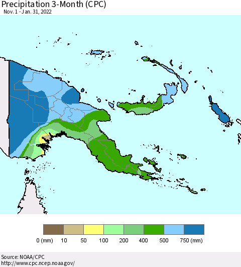 Papua New Guinea Precipitation 3-Month (CPC) Thematic Map For 11/1/2021 - 1/31/2022