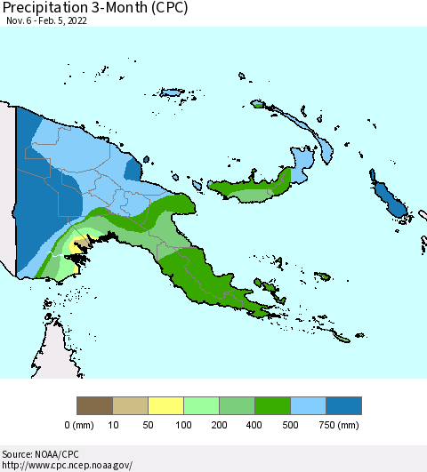 Papua New Guinea Precipitation 3-Month (CPC) Thematic Map For 11/6/2021 - 2/5/2022