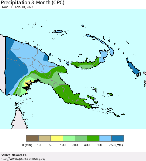 Papua New Guinea Precipitation 3-Month (CPC) Thematic Map For 11/11/2021 - 2/10/2022