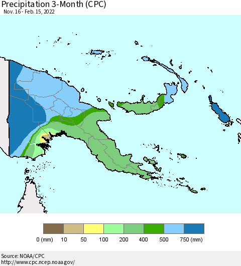 Papua New Guinea Precipitation 3-Month (CPC) Thematic Map For 11/16/2021 - 2/15/2022