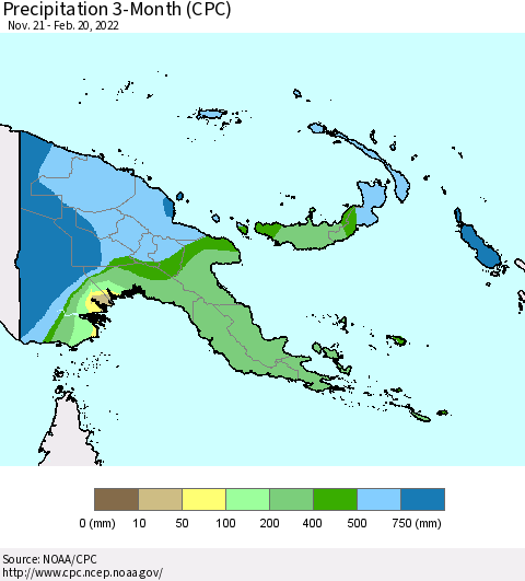Papua New Guinea Precipitation 3-Month (CPC) Thematic Map For 11/21/2021 - 2/20/2022