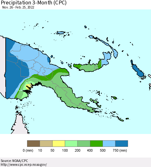 Papua New Guinea Precipitation 3-Month (CPC) Thematic Map For 11/26/2021 - 2/25/2022