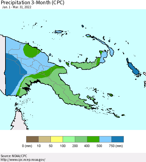Papua New Guinea Precipitation 3-Month (CPC) Thematic Map For 1/1/2022 - 3/31/2022
