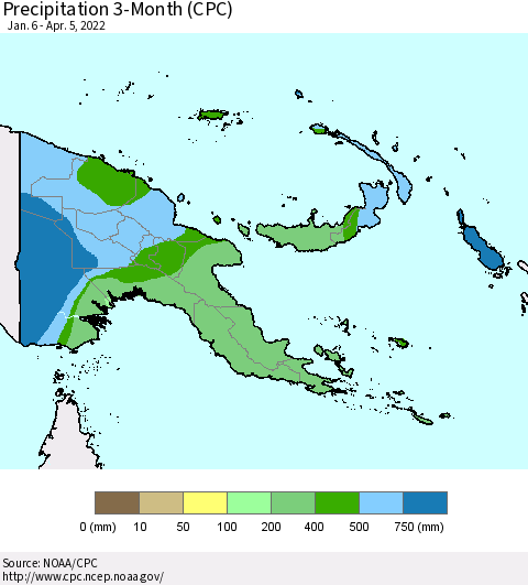 Papua New Guinea Precipitation 3-Month (CPC) Thematic Map For 1/6/2022 - 4/5/2022
