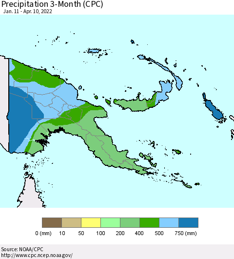 Papua New Guinea Precipitation 3-Month (CPC) Thematic Map For 1/11/2022 - 4/10/2022