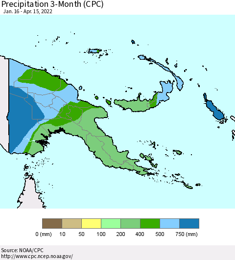 Papua New Guinea Precipitation 3-Month (CPC) Thematic Map For 1/16/2022 - 4/15/2022