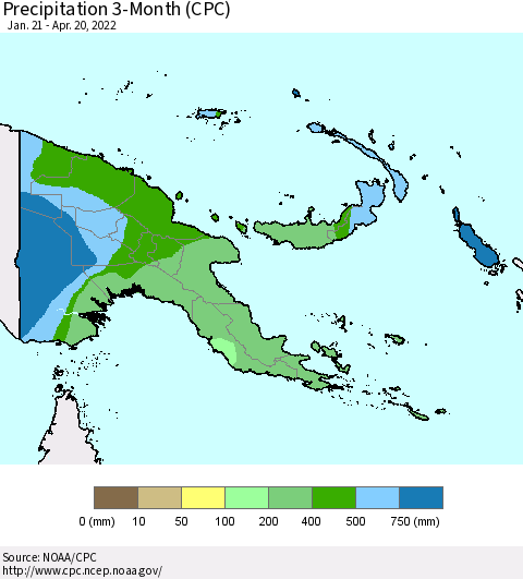 Papua New Guinea Precipitation 3-Month (CPC) Thematic Map For 1/21/2022 - 4/20/2022
