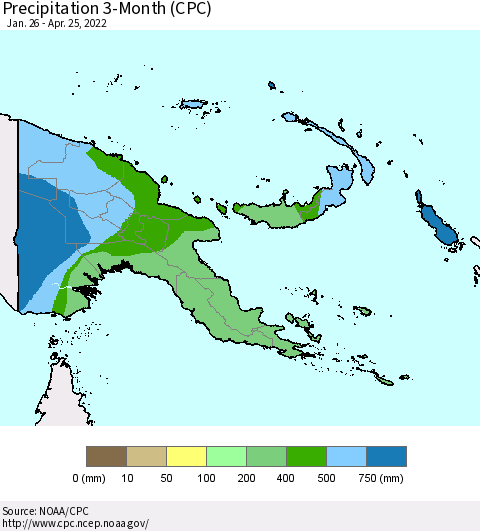Papua New Guinea Precipitation 3-Month (CPC) Thematic Map For 1/26/2022 - 4/25/2022