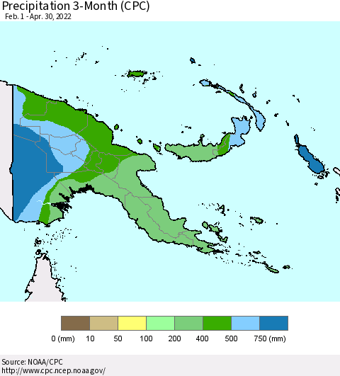 Papua New Guinea Precipitation 3-Month (CPC) Thematic Map For 2/1/2022 - 4/30/2022