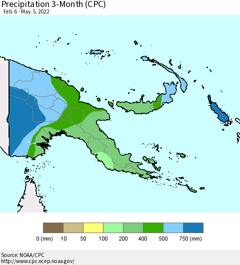 Papua New Guinea Precipitation 3-Month (CPC) Thematic Map For 2/6/2022 - 5/5/2022