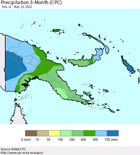 Papua New Guinea Precipitation 3-Month (CPC) Thematic Map For 2/11/2022 - 5/10/2022