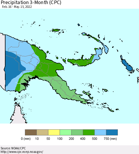 Papua New Guinea Precipitation 3-Month (CPC) Thematic Map For 2/16/2022 - 5/15/2022
