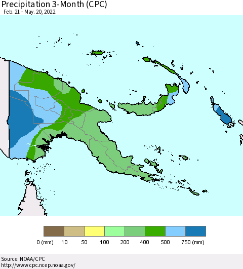 Papua New Guinea Precipitation 3-Month (CPC) Thematic Map For 2/21/2022 - 5/20/2022