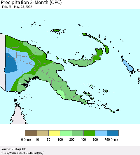 Papua New Guinea Precipitation 3-Month (CPC) Thematic Map For 2/26/2022 - 5/25/2022