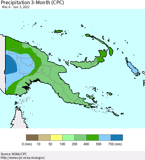 Papua New Guinea Precipitation 3-Month (CPC) Thematic Map For 3/6/2022 - 6/5/2022
