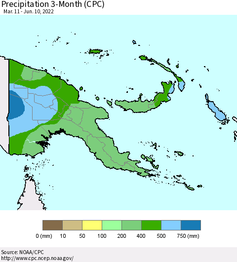 Papua New Guinea Precipitation 3-Month (CPC) Thematic Map For 3/11/2022 - 6/10/2022