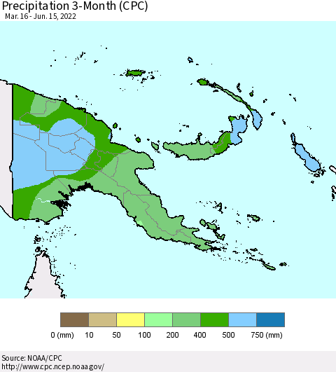 Papua New Guinea Precipitation 3-Month (CPC) Thematic Map For 3/16/2022 - 6/15/2022