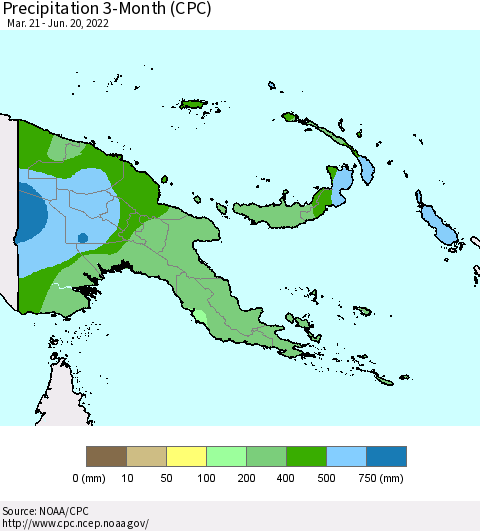 Papua New Guinea Precipitation 3-Month (CPC) Thematic Map For 3/21/2022 - 6/20/2022