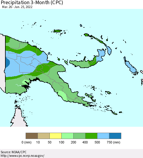Papua New Guinea Precipitation 3-Month (CPC) Thematic Map For 3/26/2022 - 6/25/2022