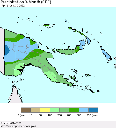 Papua New Guinea Precipitation 3-Month (CPC) Thematic Map For 4/1/2022 - 6/30/2022