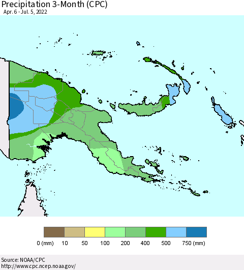 Papua New Guinea Precipitation 3-Month (CPC) Thematic Map For 4/6/2022 - 7/5/2022