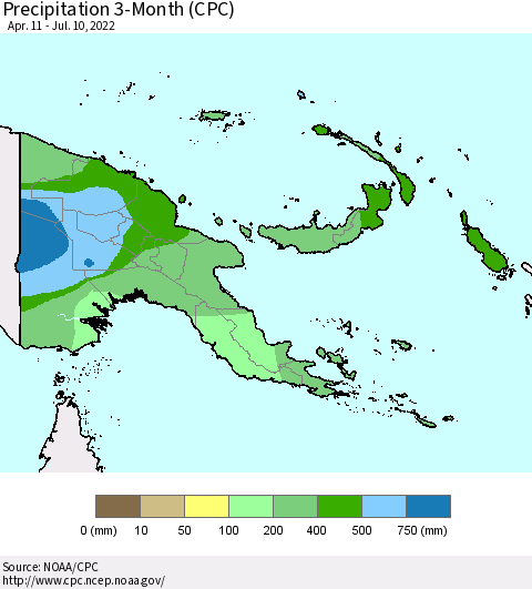 Papua New Guinea Precipitation 3-Month (CPC) Thematic Map For 4/11/2022 - 7/10/2022