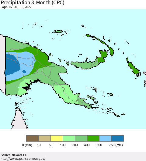 Papua New Guinea Precipitation 3-Month (CPC) Thematic Map For 4/16/2022 - 7/15/2022