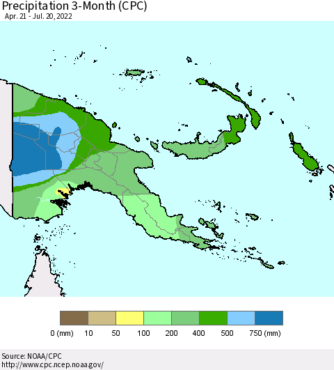 Papua New Guinea Precipitation 3-Month (CPC) Thematic Map For 4/21/2022 - 7/20/2022
